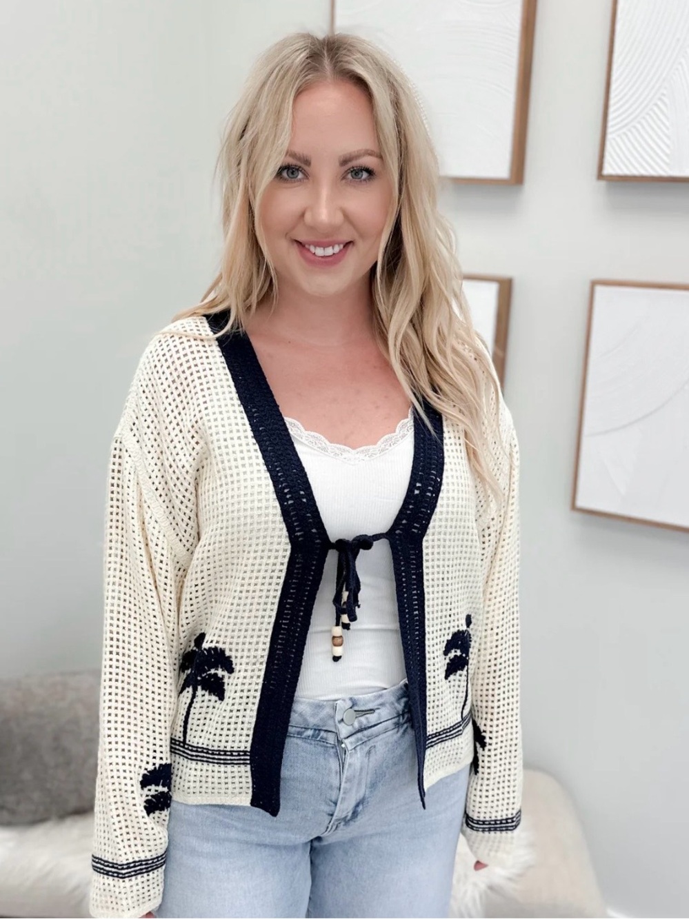 NWT Crochet Tie Waist Cardigan with Beaded Tie